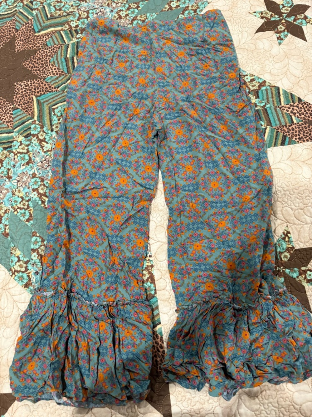 Floral Ruffle-Hem Wide Leg Pants - Blue with Orange Flower Print